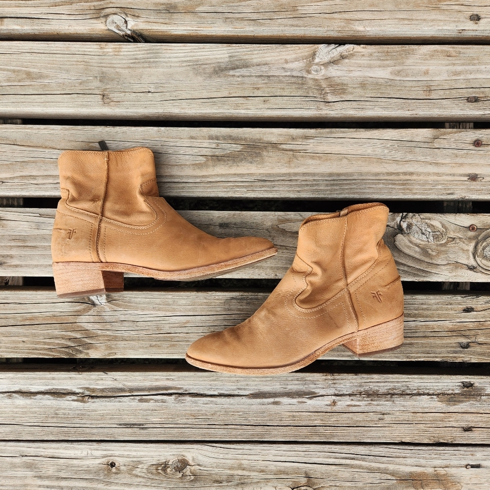 Frye Ray Seam Short Boots Bpoties 7.5 Leather Light Brown Cam Fall Western